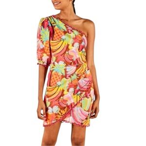 FARM Rio | Fruit Salad One-Shoulder Mini Dress colorful party vacation sz small